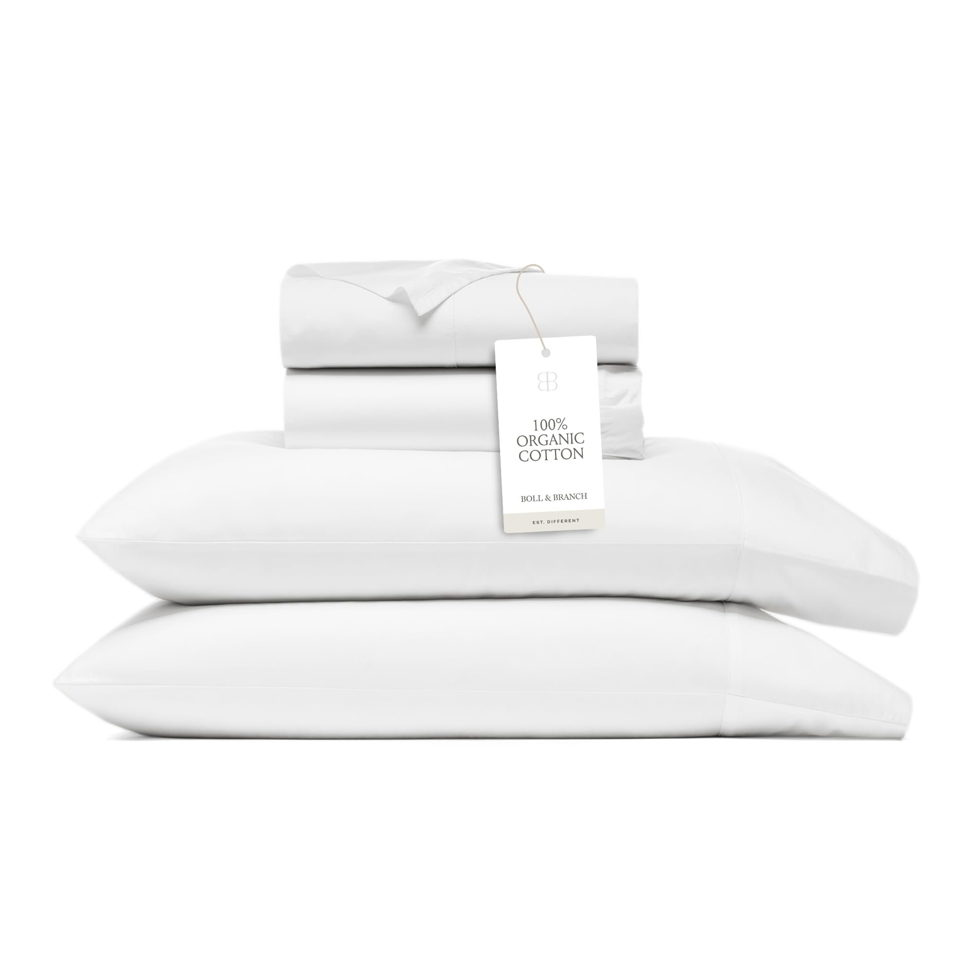 BOLL & BRANCH Percale Hemmed Sheet Set - Cooling Breathable Bed Sheets for Hot Sleepers - Queen, White