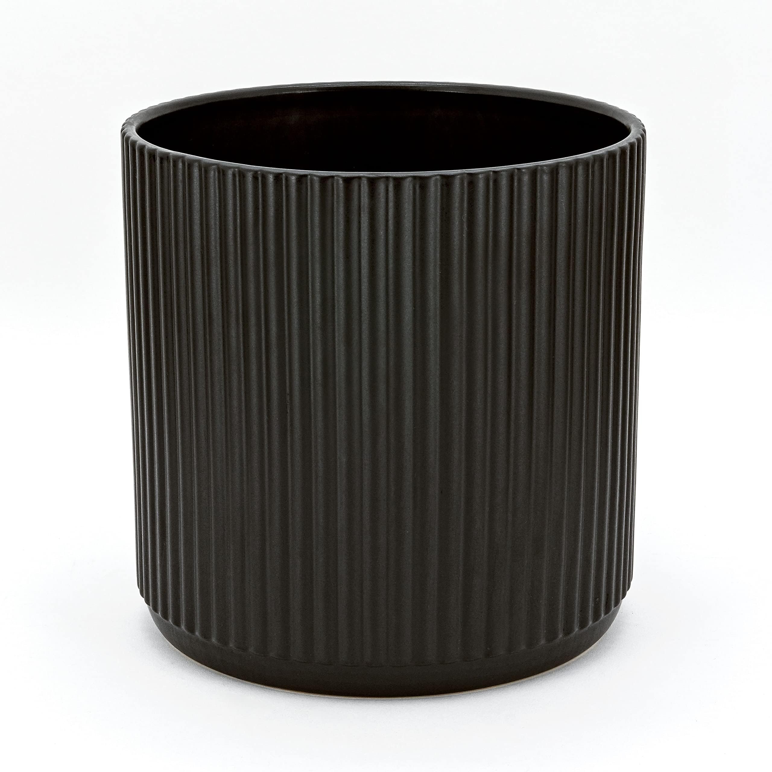Amazon Basics Fluted Ceramic Round Planter with Drainage Hole, 8-inch, Black