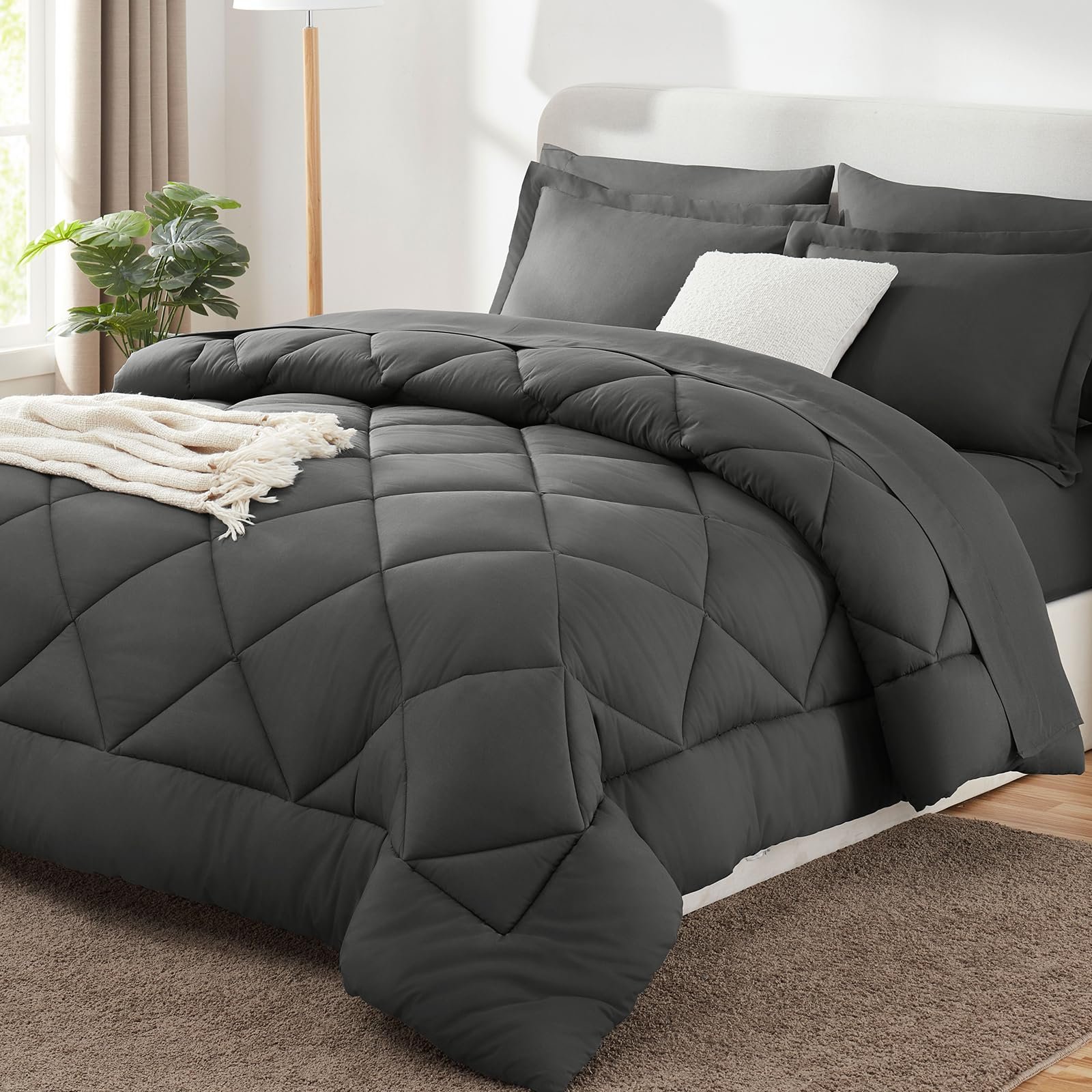 CozyLux Queen Comforter Set Dark Grey - Bed in a Bag Queen Size 7 Pieces, Luxury Soft Bed Set for All Seasons, Bedding S
