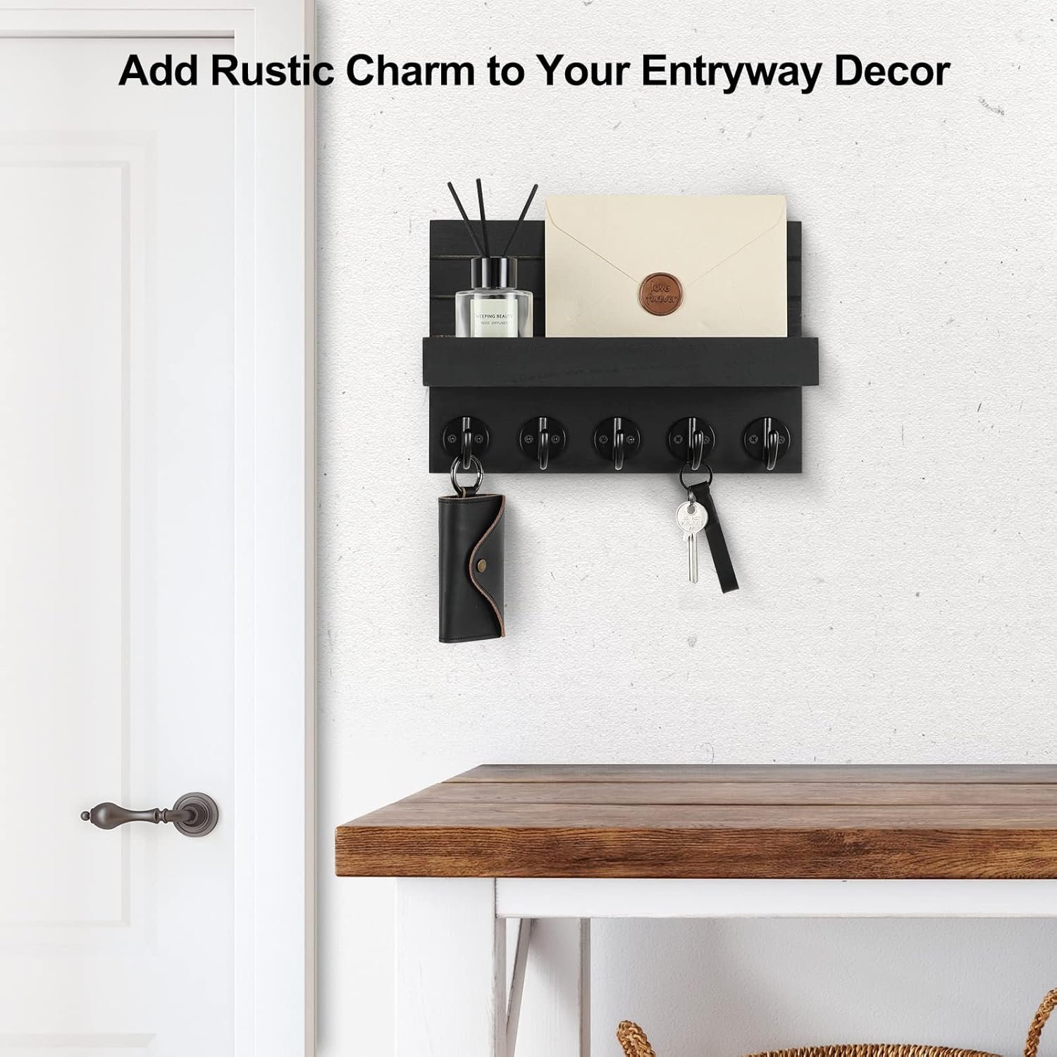 Lwenki Key Holder for Wall, Decorative Key and Mail Holder with Shelf Has Large Hooks for Bags, Coats, Umbrella