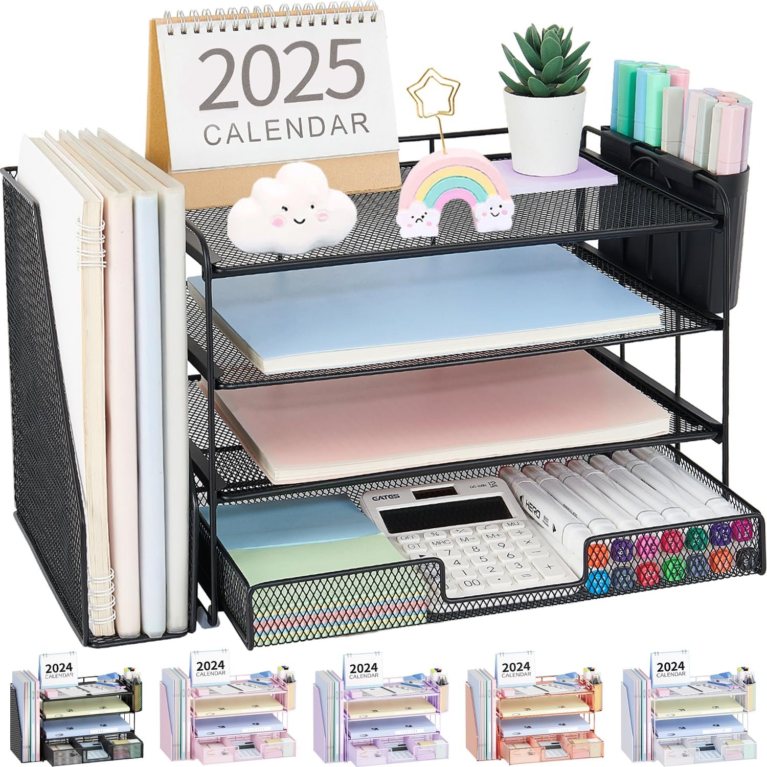 OPNICE Desk Organizer, 4-Tier Desktop File Organizer with Drawer and 2 Pen Holders