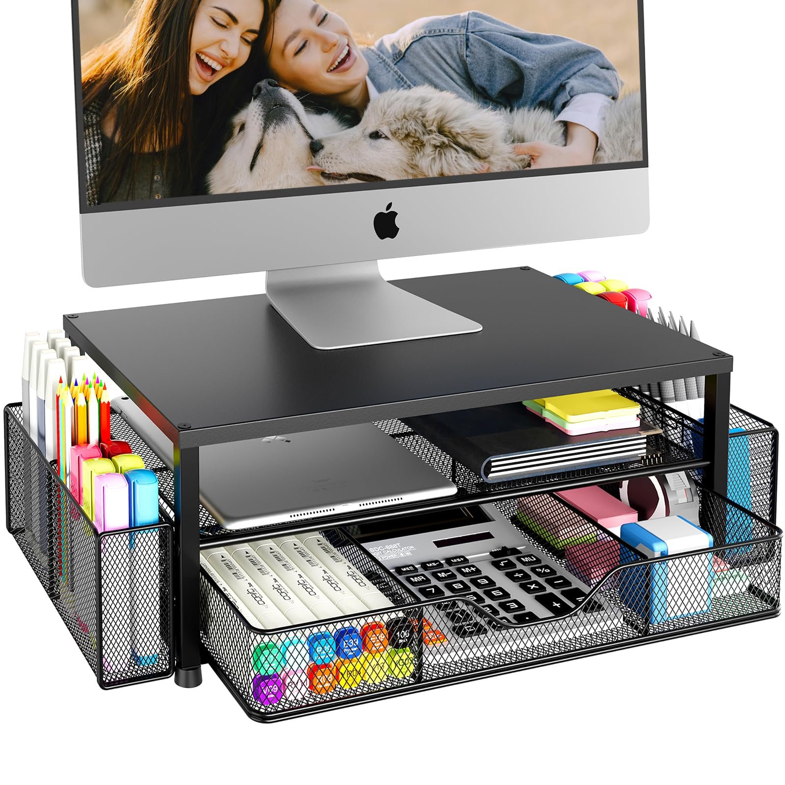 OPNICE Desk Organizer and Accessories, 2-Tier Computer Monitor Stand Riser with Drawer and 2 Pen Holders