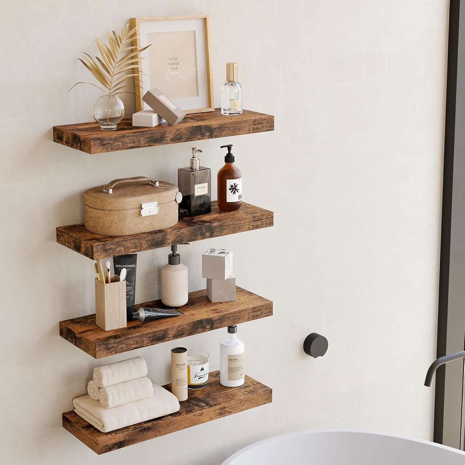 Fixwal Wood Floating Shelves, Wall Shelves Set of 4, Shelves for Wall Decor