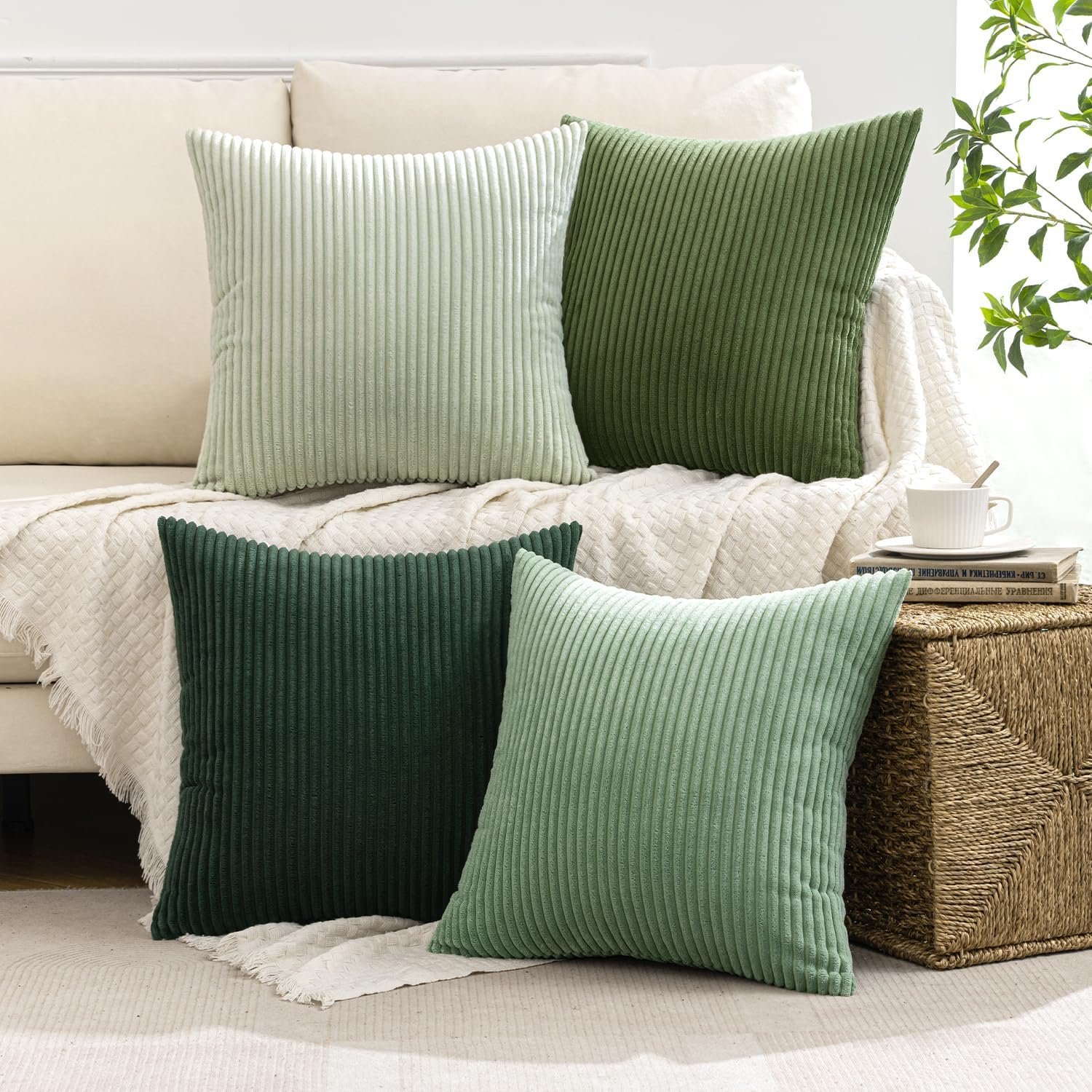 MIULEE Boho Farmhouse Sage Green Throw Pillow Covers 18x18 Inch Set of 4