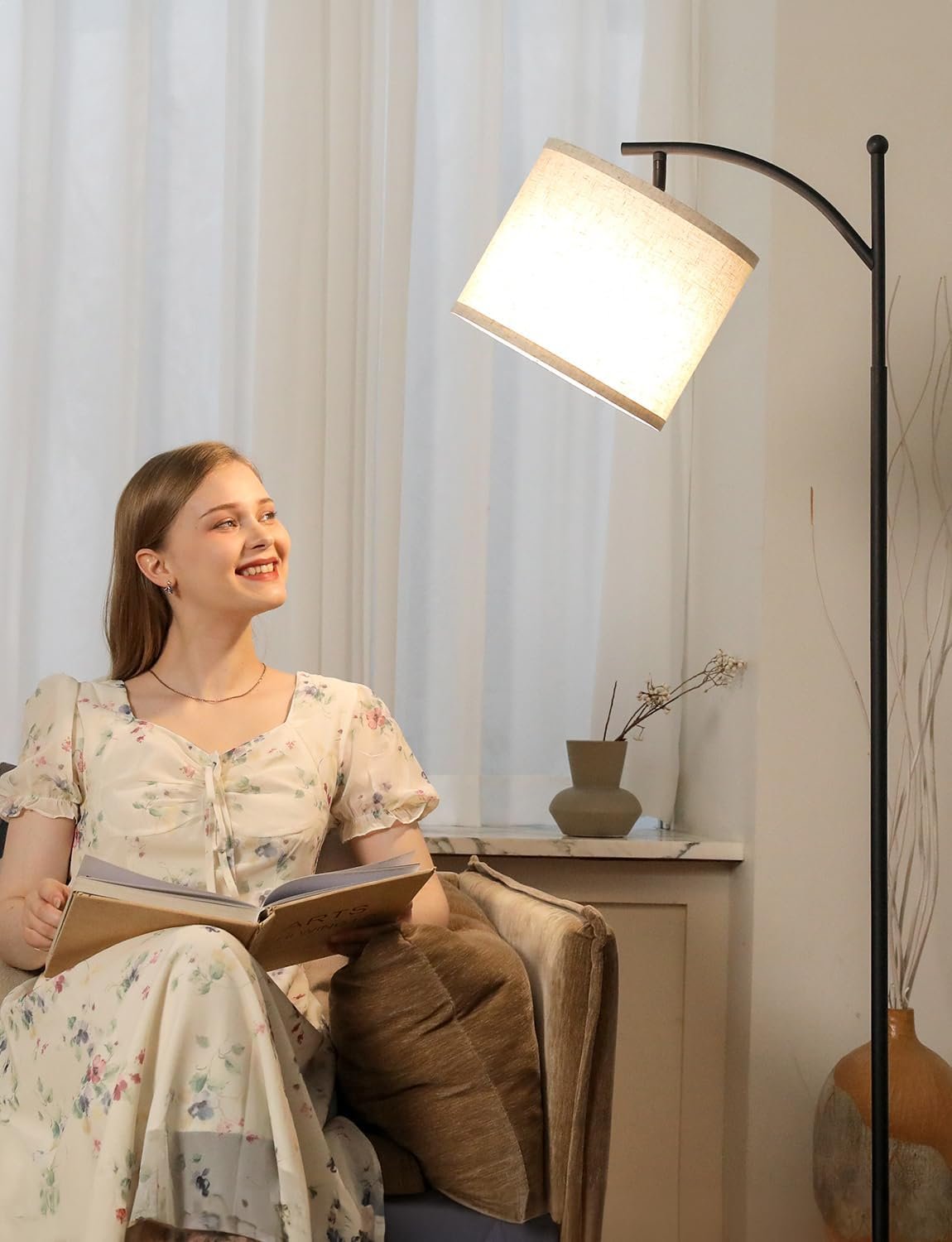 Ambimall Tall Floor Lamps with 3 Color Temperatures Bulb & Adjustable Linen Shade, for Living Room, Bedroom, Office, Classic