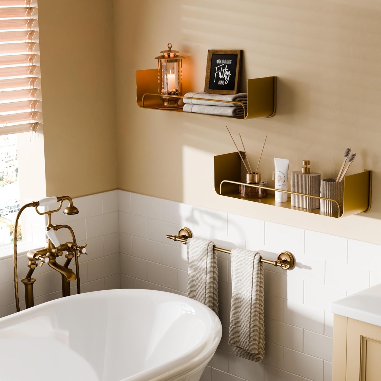 Elevate Your Living Room: Glam Floating Shelves with Gold Brass Hardware Under $35