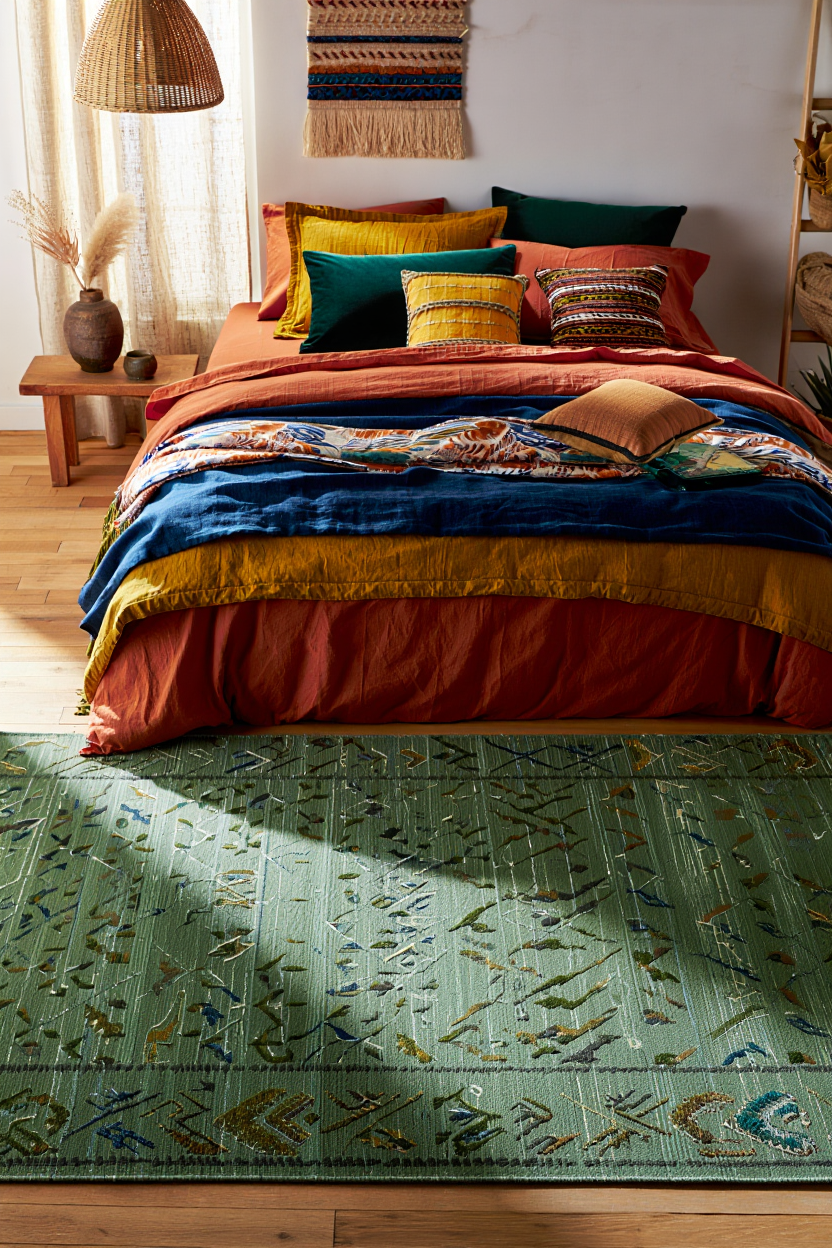 Layer a Bold Green Rug Into Your Eclectic Bedroom Like a Pro (Under $35 Styling Tips)