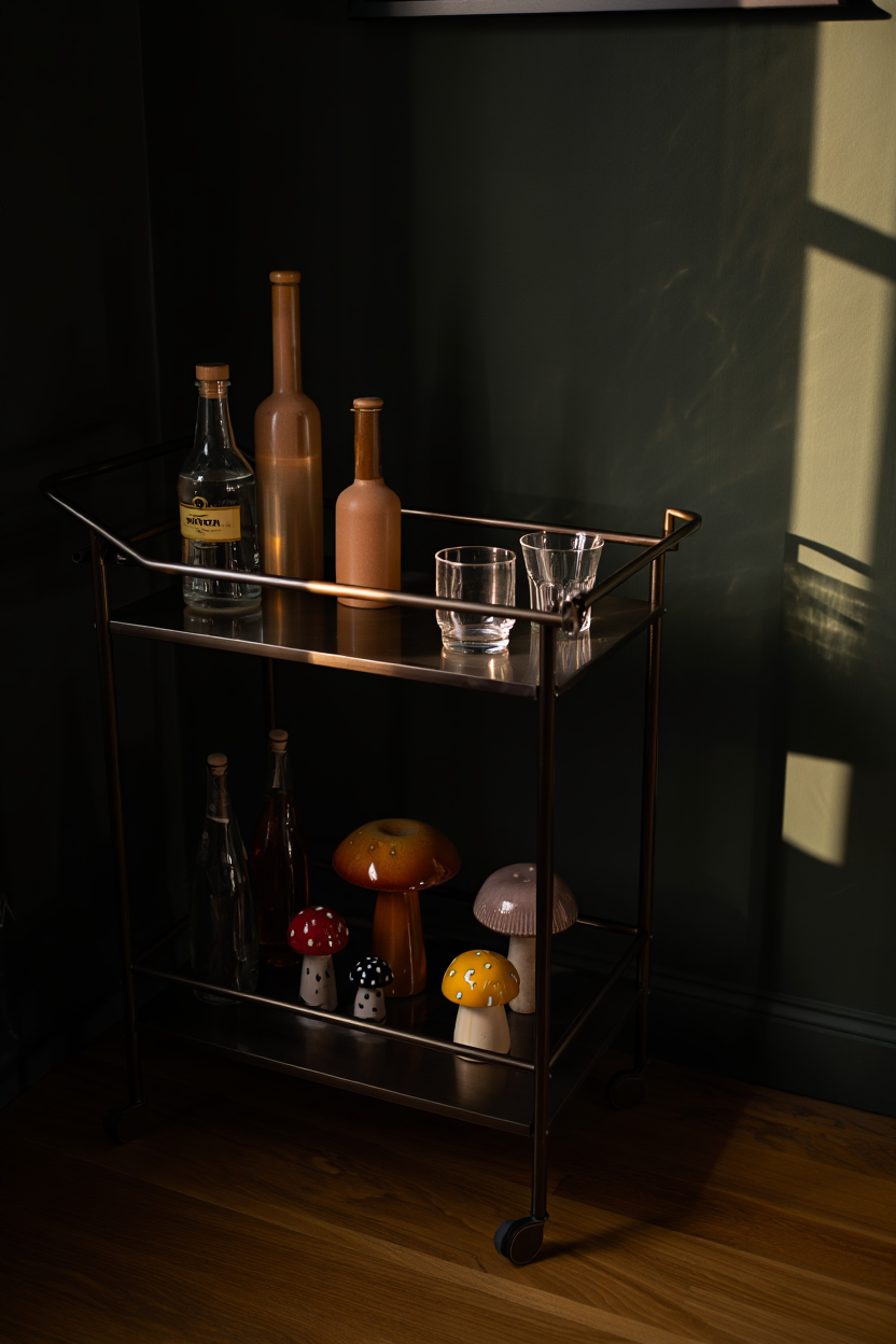 Moody Bar Cart with Mushroom Accents: Elevate Your Home Bar Under $35