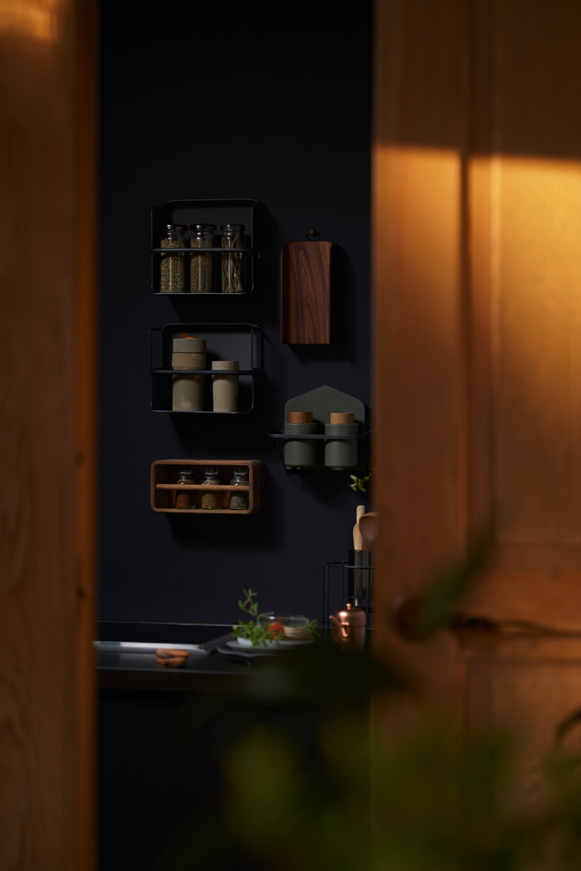 Organize Like an Interior Designer: Dark Spice Racks That Double as Kitchen Wall Art