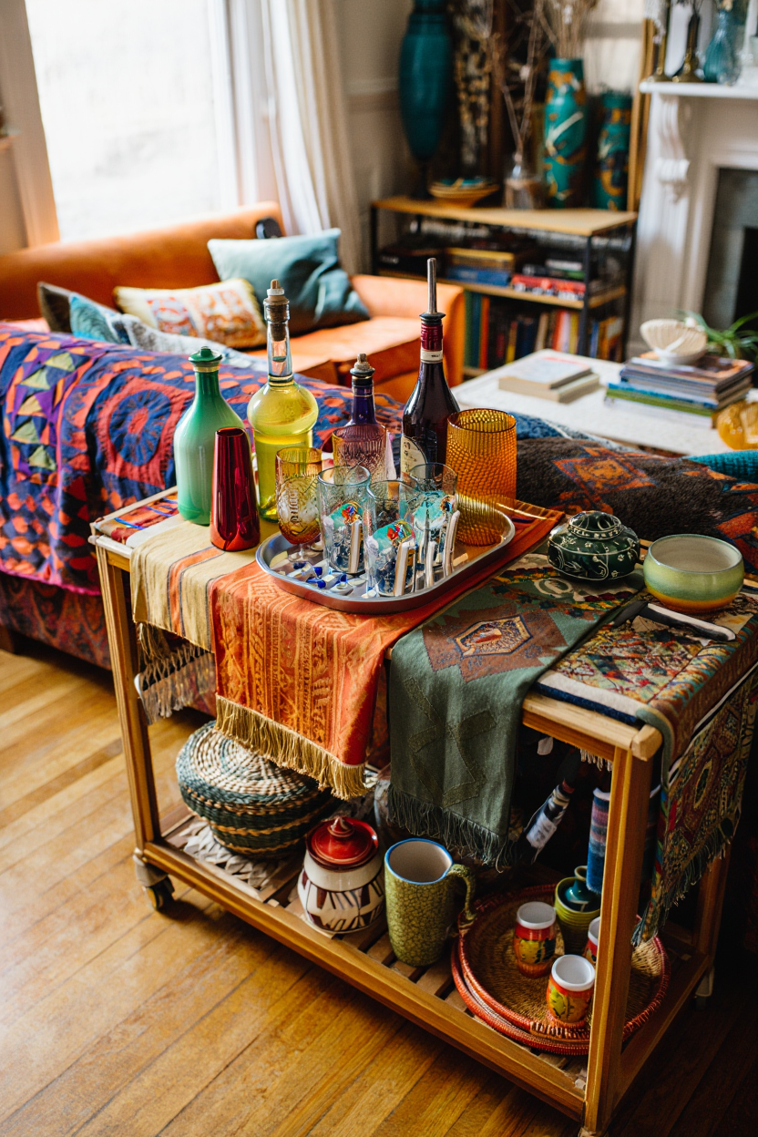 Transform Your Bar Cart Into Living Room Art With Bold Eclectic Style